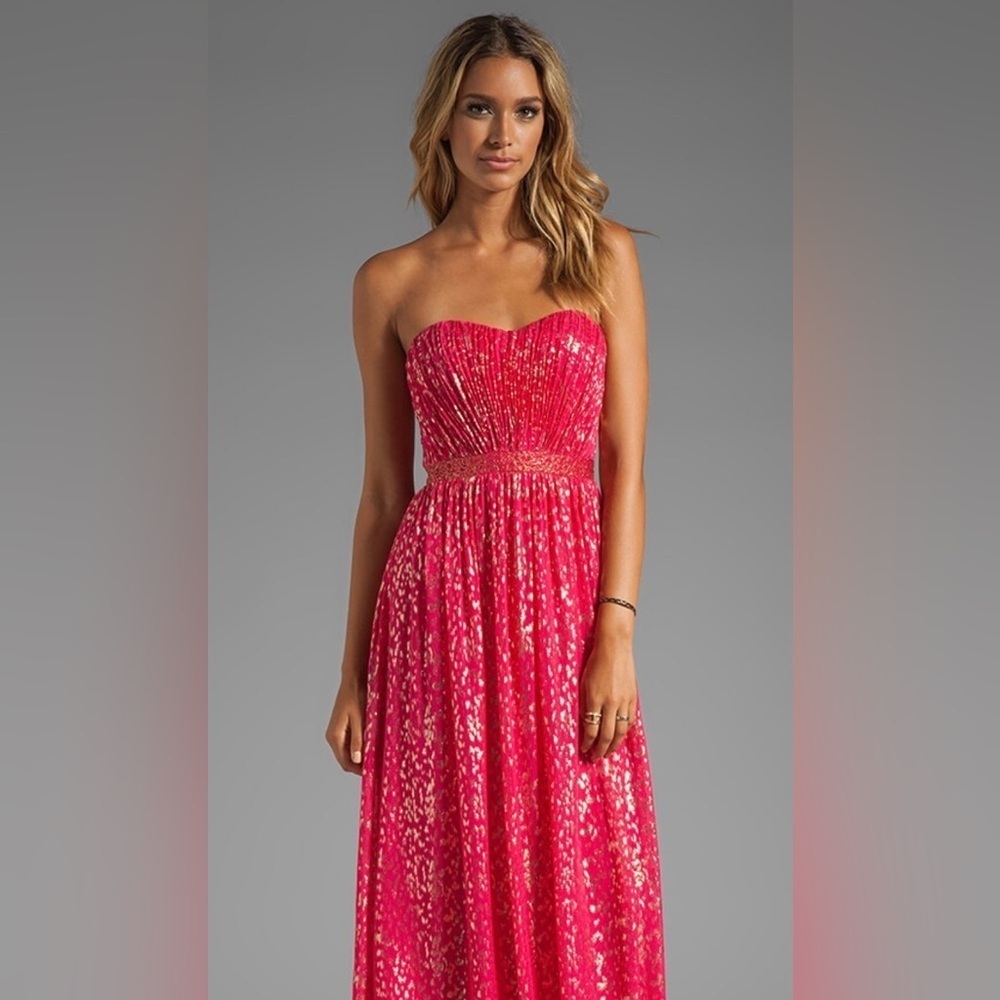 ERIN Erin Featherston Christina Metallic Hot Pink Strapless Gown with Gold Foil